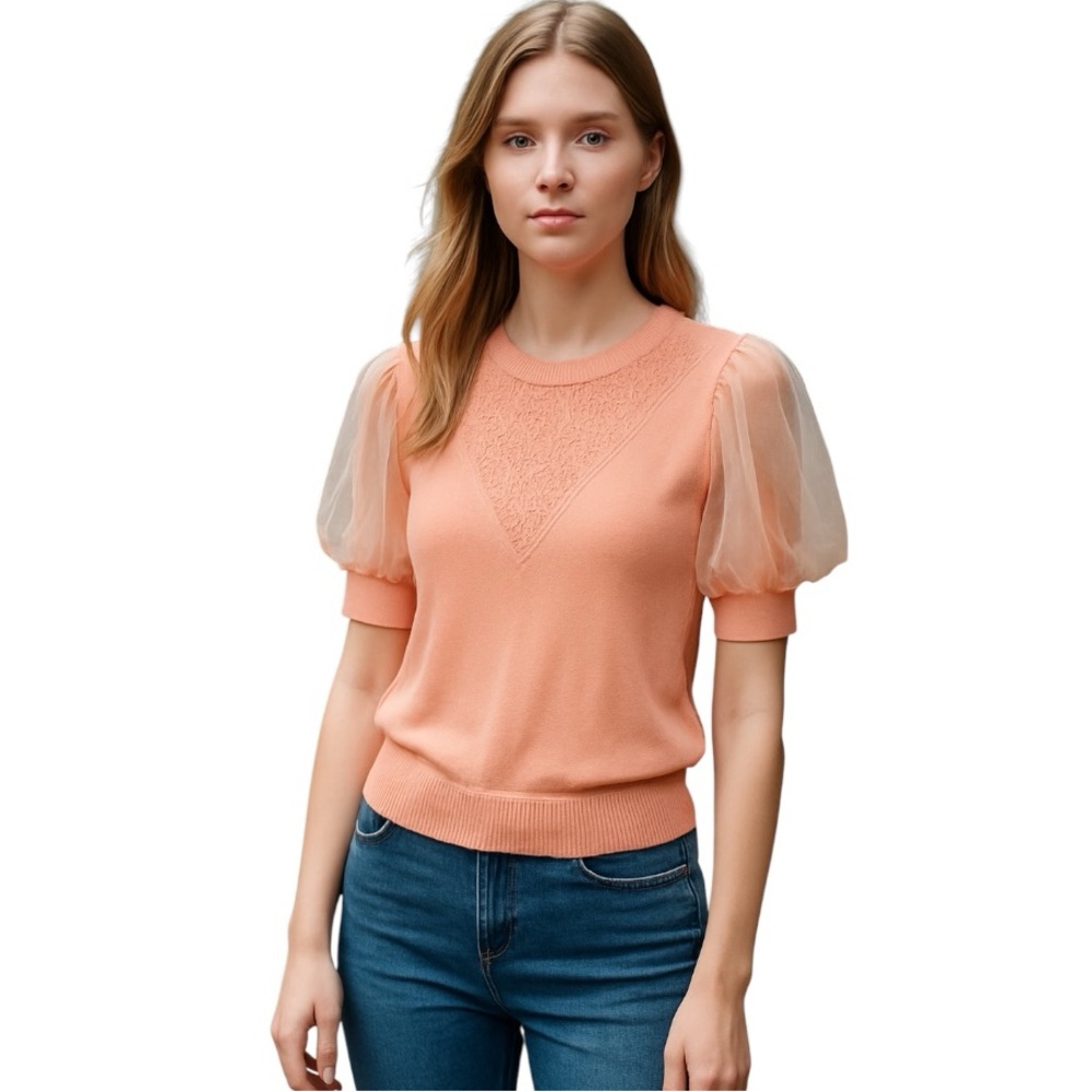 VTG Cottagecore Handmade Knit Sheer 3/4 Sleeves Peach Small Lightweight Sweater